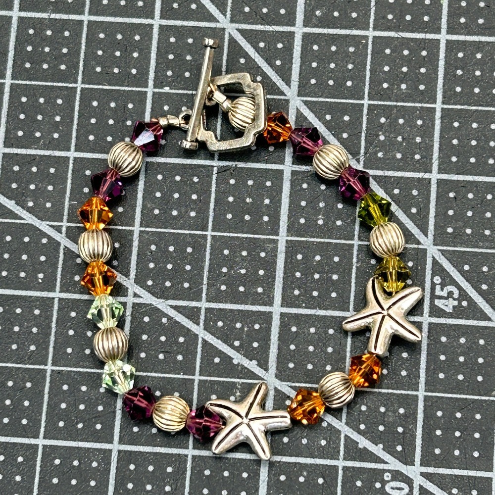 Beaded Bracelet‎ Starfish Charm Toggle Clasp Silver Tone Purple Orange Green